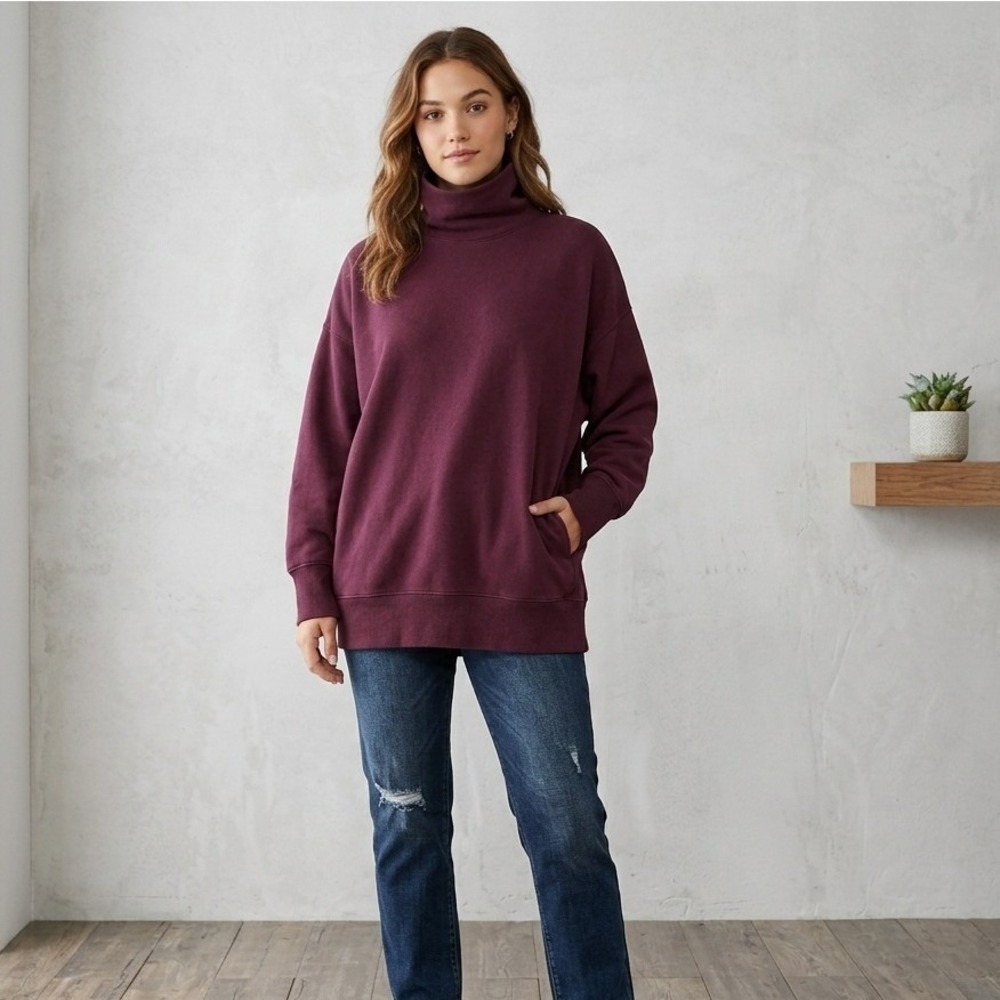 Aerie Maroon Oversized Turtleneck Sweatshirt Size XL Pockets Slouchy Pullover